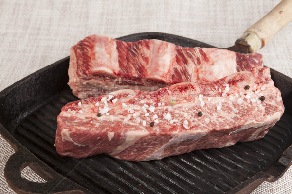 Close-up of two pieces of fresh marbled beef with sea salt and black pepper, on a cast-iron grill pa Stock photo © mcherevan