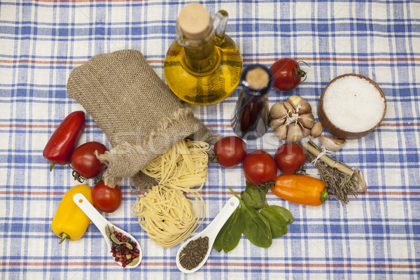 Stock photo:  Tagliatelle Italian pasta set for the creation : cherry tomatoes, olive oil, balsamic sauce, garlic