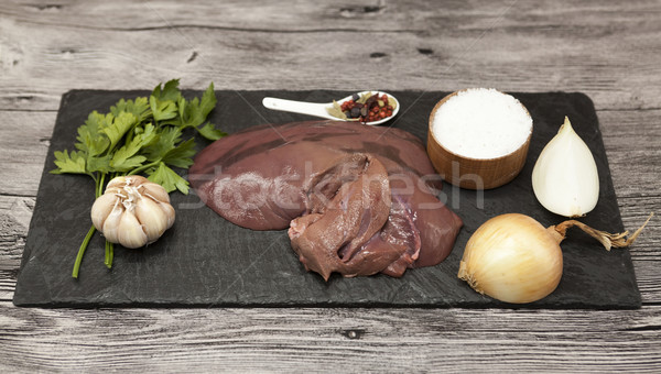 Stockfoto: Stukken · vers · ruw · rundvlees · lever · ui