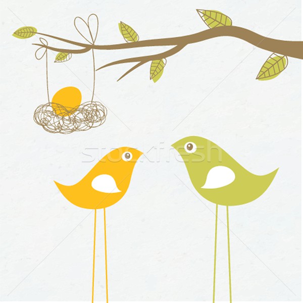 Baby arriving card with birds family and egg in the nest Stock photo © mcherevan