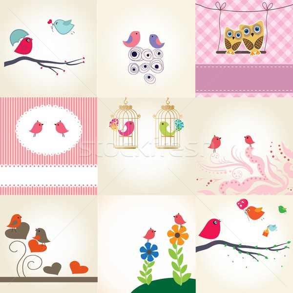 Set of 9 valentines cards with cute birds couples Stock photo © mcherevan