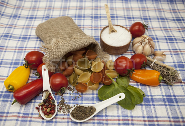 Conchiglioni Sicilian pasta set for the creation : cherry tomatoes, olive oil, balsamic sauce, garli Stock photo © mcherevan