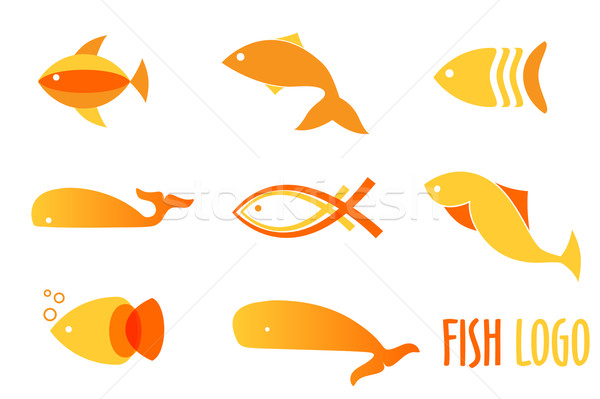 Vector illustration of warm colors golden fishes. Abstract fish logos set for seafood restaurant or  Stock photo © mcherevan