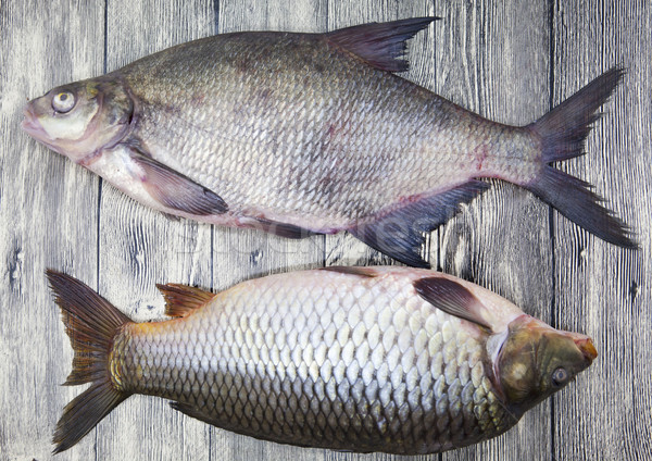 Two large fresh carp live fish lying on a wooden board  Stock photo © mcherevan