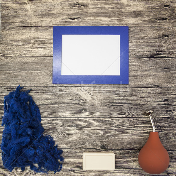 Excellent mocap  place for text, with blue wool, soap, orange watering felting on a wooden backgroun Stock photo © mcherevan