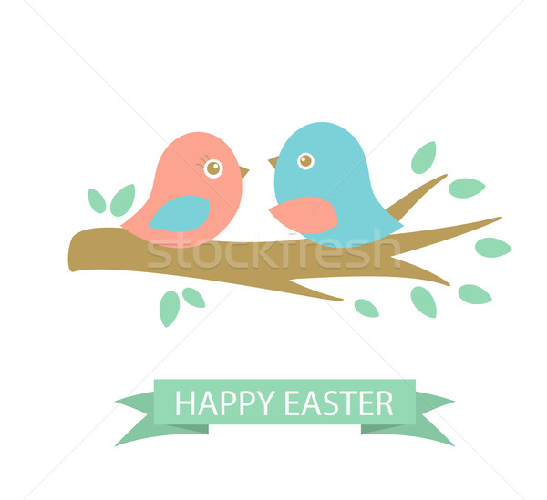 Cute easter card with two birds on the cherry tree Stock photo © mcherevan