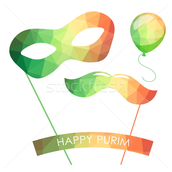 Stock photo: Purim holiday card or banner design. Bright carnival mask, ballon and moustaches. 