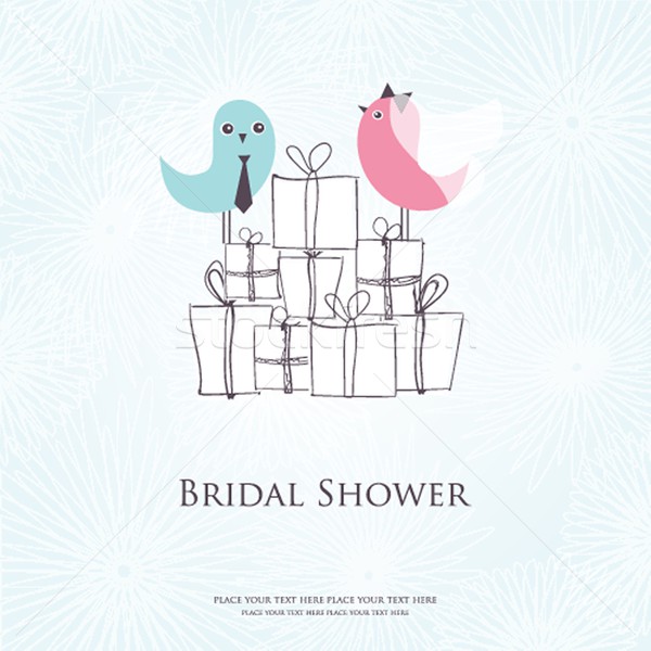 Stock photo: Bridal shower invitation with two cute birds in bride and groom costumes sitting on the present boxe