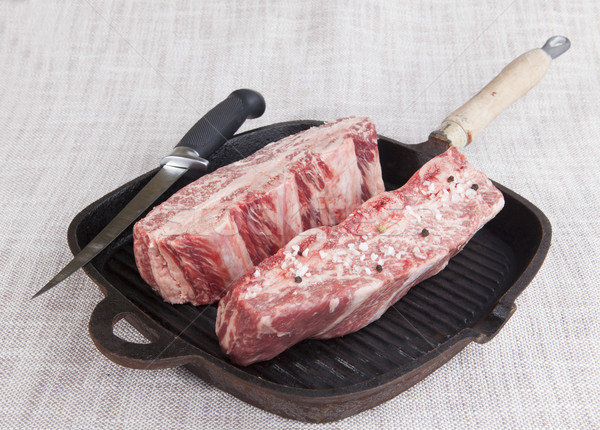 Close-up of two pieces of fresh marbled beef with sea salt and black pepper, knife  on a cast-iron g Stock photo © mcherevan