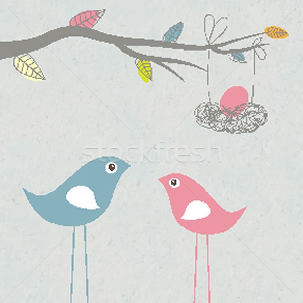 Baby arriving card with birds family and egg in the nest Stock photo © mcherevan