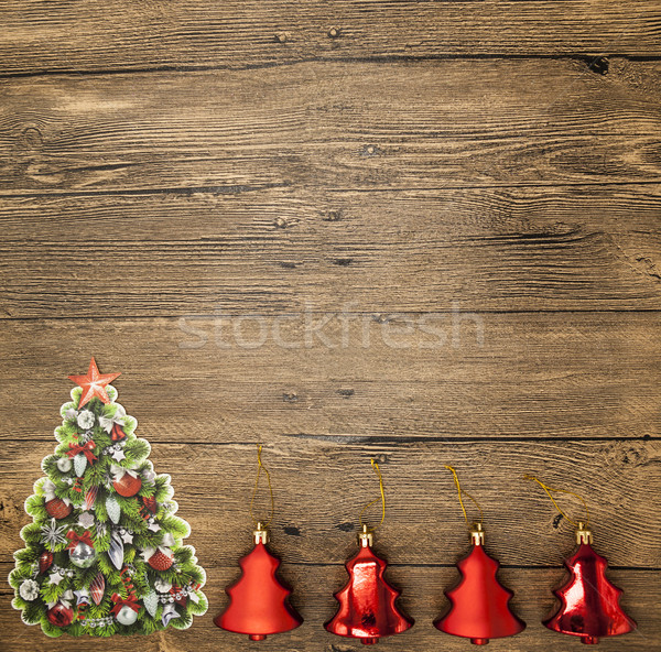 Christmas card with  Christmas balls, Christmas tree   on wooden background Stock photo © mcherevan