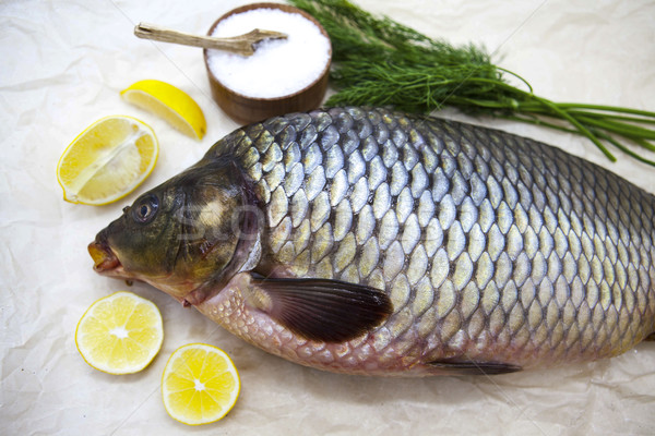 A large fresh carp live fish lying on a on paper background with a knife and slices of lemon and wit Stock photo © mcherevan