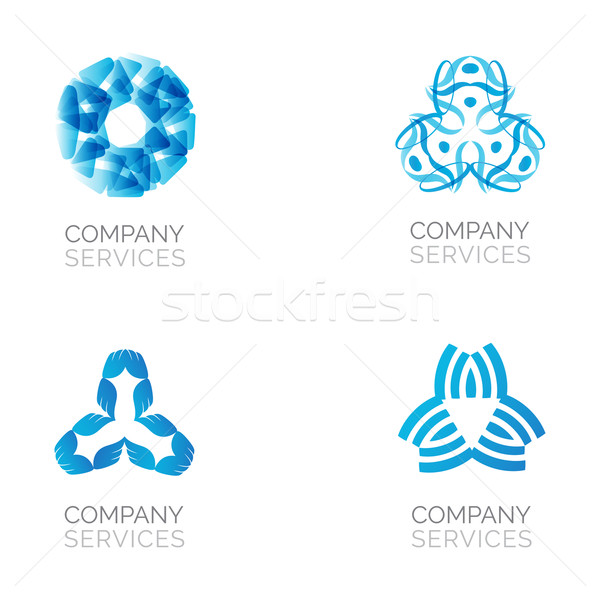 Stock photo: Set of four abstract blue logos. Vector logotypes with spiral, rhombus, crossed and circle elements.