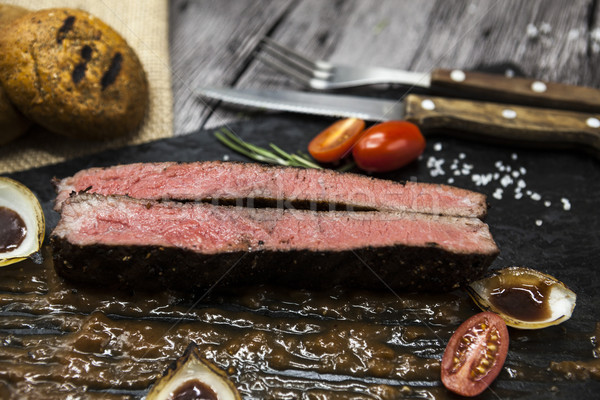 Steak márvány marhahús hús zöldségek barbecue szósz Stock fotó © mcherevan