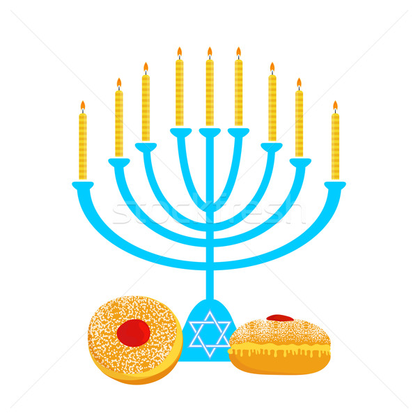 Hanukkah menora with  candles and traditional donuts -  Sufganiyah  Stock photo © mcherevan