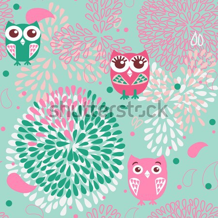 Stock photo: Owls and flowers seamless pattern