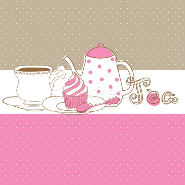 Card with tea cap, pot and sweet cupcake Stock photo © mcherevan