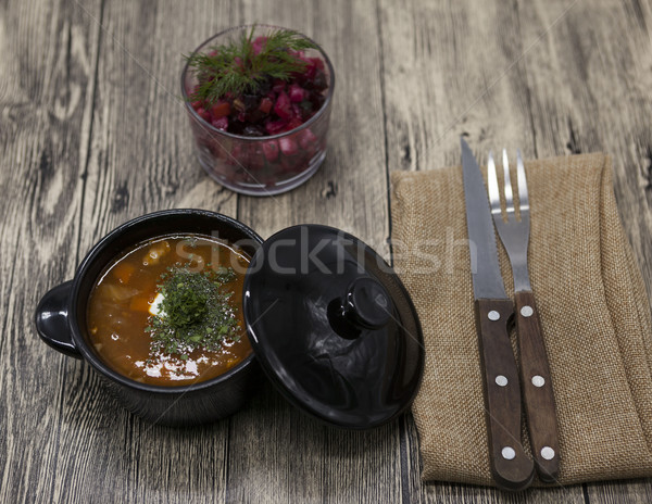 Beet  salad and tomato, red pepper soup, sauce with olive oil, rosemary and smoked paprika with fork Stock photo © mcherevan