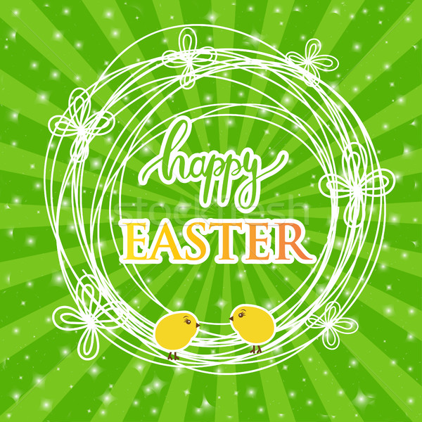 Abstract easter card with a cute yellow chick on green rays background, vector illustration. Happy e Stock photo © mcherevan