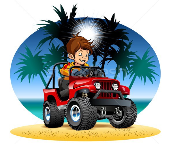 Vector cartoon boy driving 4x4 car on the beach Stock photo © mechanik