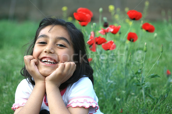 Stockfoto: Bloem · voorjaar · gras · meisjes · leuk