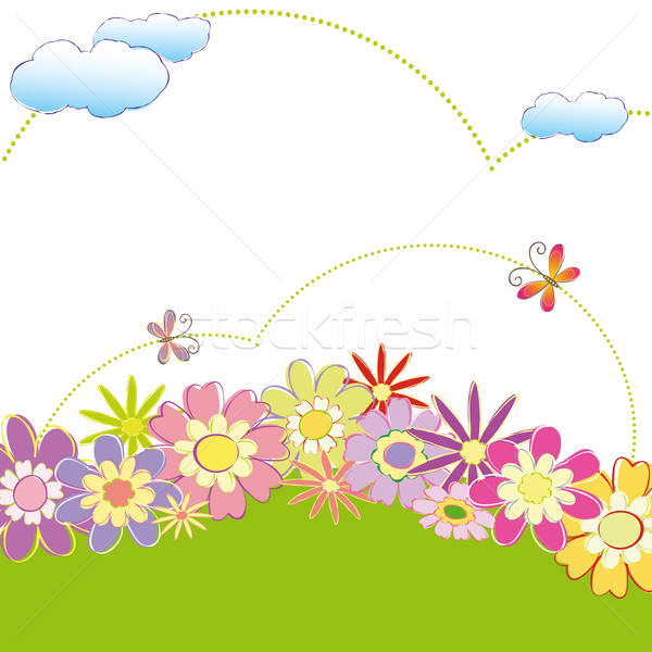 Foto stock: Primavera · colorido · flores · borboleta · cartão · primavera