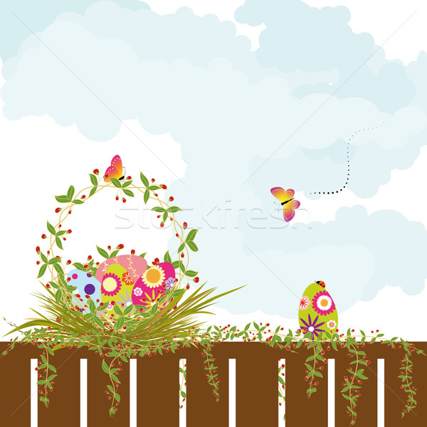 Springtime Easter holiday wallpaper colorful eggs with butterfly Stock photo © meikis