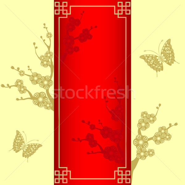 Zdjęcia stock: Orientalny · stylu · Cherry · Blossom · Motyl · kwiat · czerwony