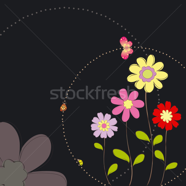 Foto stock: Primavera · colorido · flores · mariposa · tarjeta · de · felicitación · negro