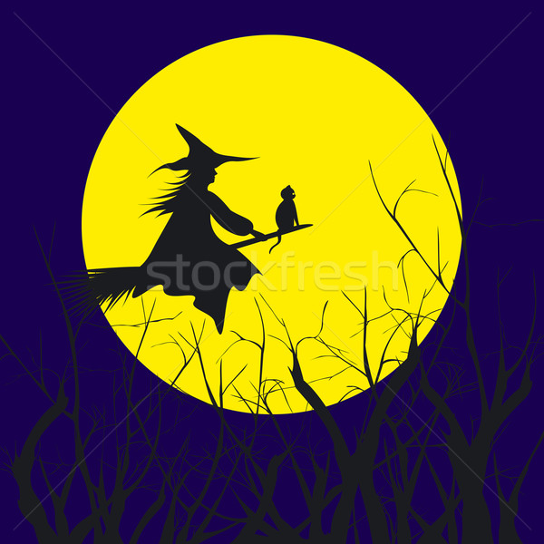 Stock photo: Halloween background silhouette of a witch flying in a broom wit