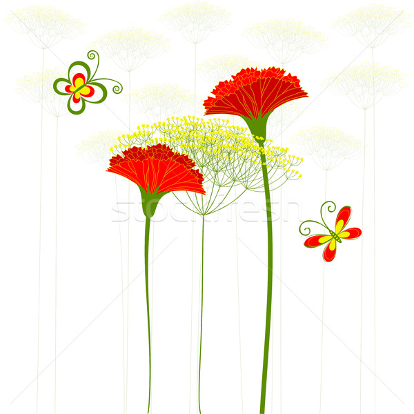 Piros szegfű virág pitypang pillangó tavasz Stock fotó © meikis