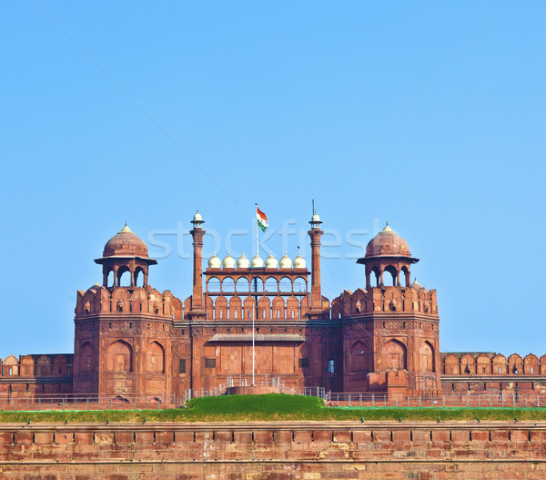 Foto stock: Rojo · fuerte · Delhi · India · pared · azul