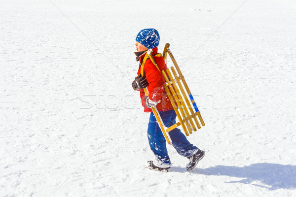 Dziecko sanki w górę Hill charakter śniegu Zdjęcia stock © meinzahn