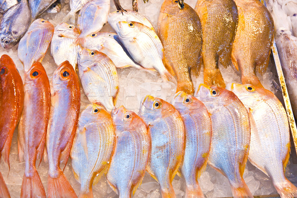 Stock photo: whole fresh fishes are offered in the fish market in asia