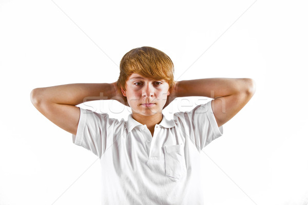 Stock photo: portrait of cute boy with white shirt in studio