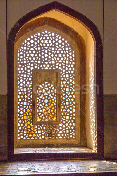 beautiful windows with ornaments in islamic style inside humayun Stock photo © meinzahn