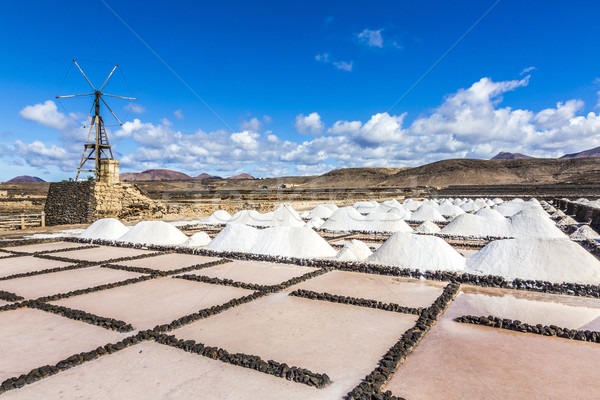 salt piles in the saline of Janubio in Lanzarote with old toteen Stock photo © meinzahn