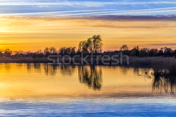 日落 反射 水 性質 藍色 湖 商業照片 © meinzahn