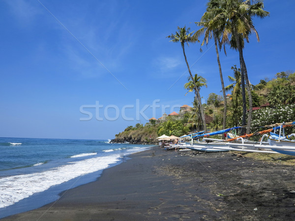 Stock photo: tropical beach with fishing boats and palm trees in Baki