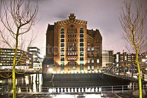 Nacht hamburg historisch zonsondergang maan brug Stockfoto © meinzahn