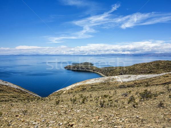 Kilátás tó domboldal sziget nap víz Stock fotó © meinzahn