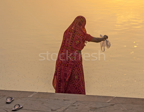 woman feeds the fishes in the holy lake in Pushkar Stock photo © meinzahn