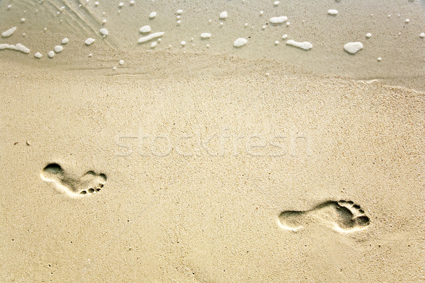 Menselijke volwassen voetafdruk zand strand water Stockfoto © meinzahn