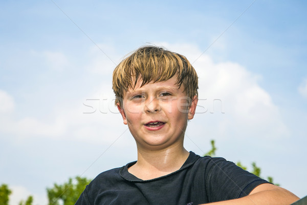 Izzadás fiú sportok portré boldog kék Stock fotó © meinzahn