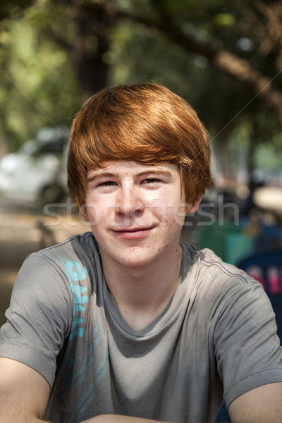 boy with red hair and pickax in the face looks happy and keepts the arms crossed Stock photo © meinzahn