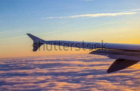 Wewnątrz kabiny samolotów skrzydła Świt świetle Zdjęcia stock © meinzahn