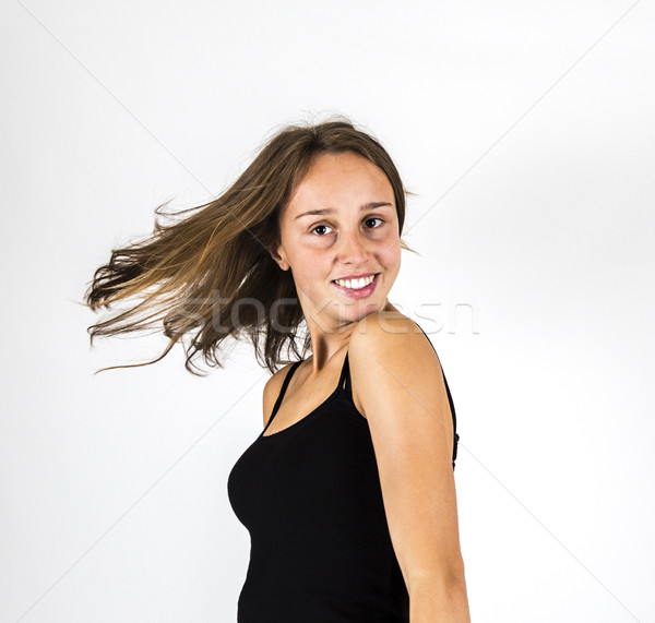 Glimlachend jonge mooi meisje bruin haar portret vrouw Stockfoto © meinzahn
