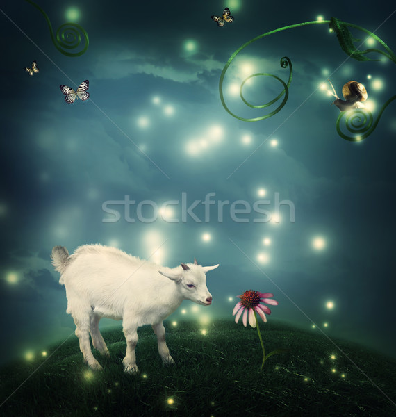 Baby goat in fantasy hilltop with snail and butterflies Stock photo © Melpomene