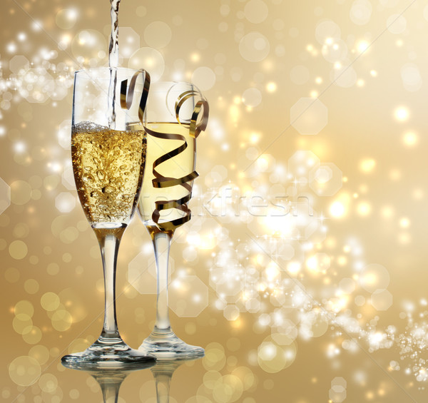 Stok fotoğraf: şampanya · kutlama · iki · flüt · altın · parlak