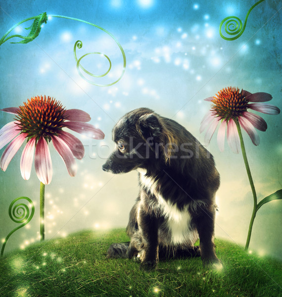 Black dog in a fantasy hilltop with echinacea flowers Stock photo © Melpomene